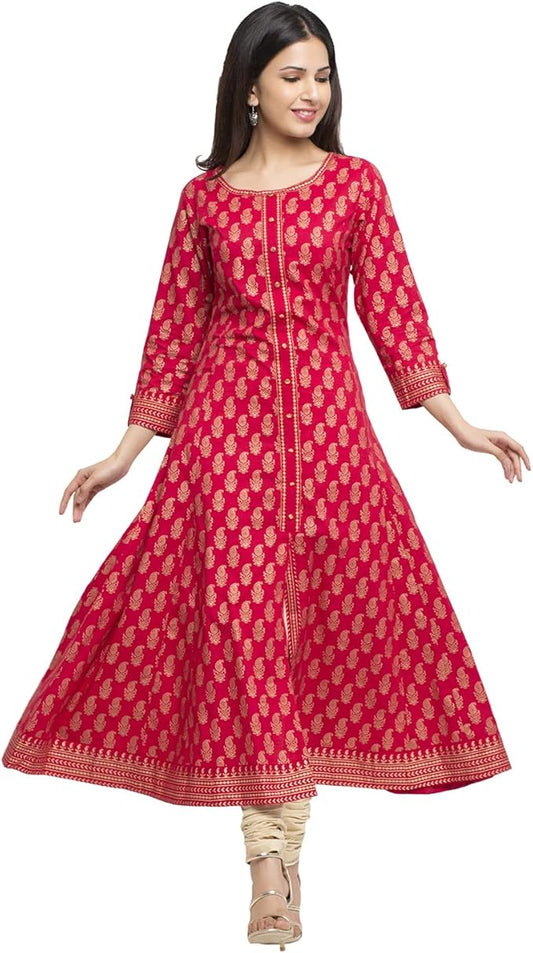Indian Tunic Cotton Gold Print Anarkali Kurtis for Women (Red)