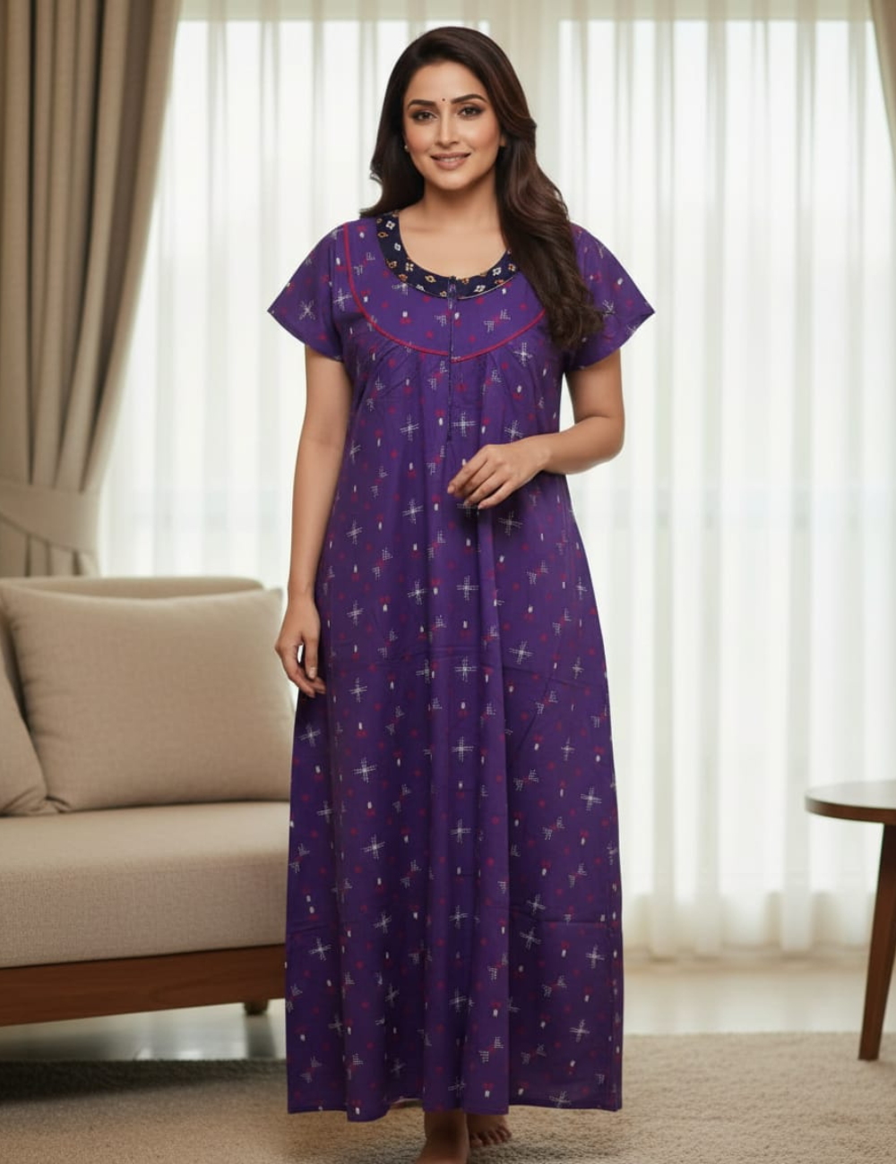 2XL Women's Premium Designer |Pure cotton |Yoke Model Collar| Zip Pattern Nighty | Soft Comfortable Daily Wear Nightdress