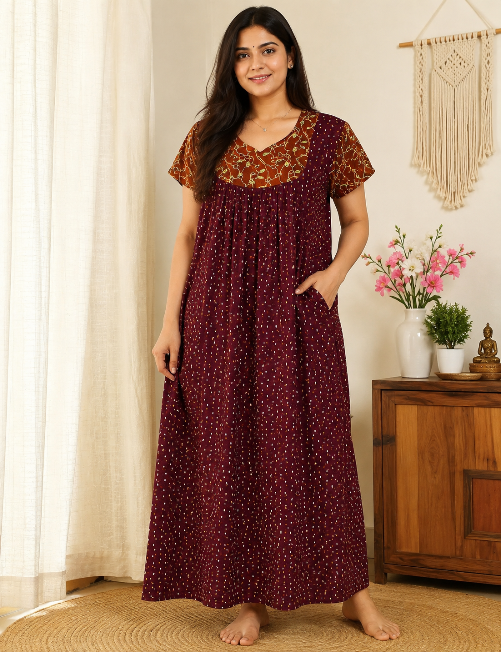 2XL Women's Premium Designer |With Rope|Pure cotton |Without Zip Pattern Nighty | Soft Comfortable Daily Wear Nightdress