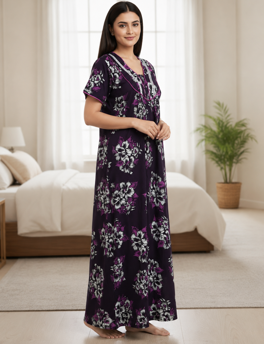 XL Premium - Elegant Front Zip Cotton Nighty | Soft & Comfortable Daily Wear