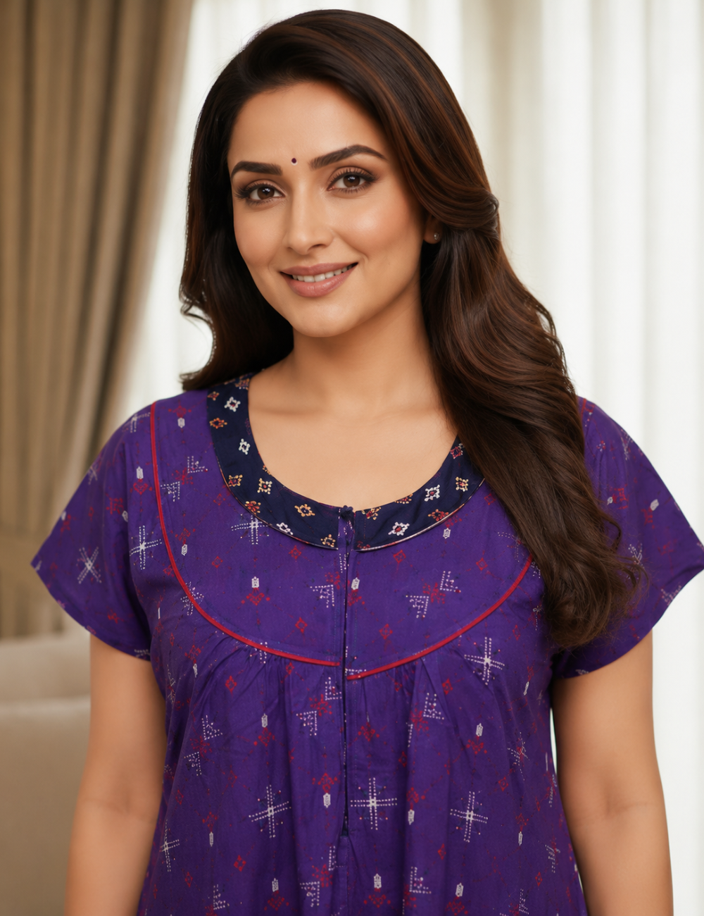 2XL Women's Premium Designer |Pure cotton |Yoke Model Collar| Zip Pattern Nighty | Soft Comfortable Daily Wear Nightdress