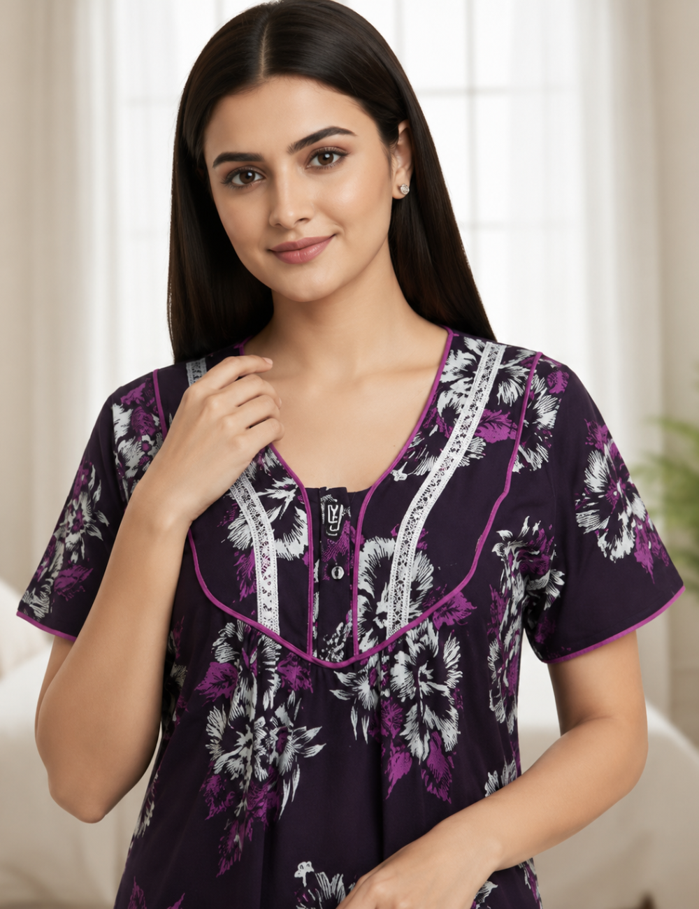 XL Premium - Elegant Front Zip Cotton Nighty | Soft & Comfortable Daily Wear