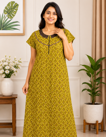 XL Women's Premium Designer | Yoke Model Collar| Zip Pattern Nighty | Soft Comfortable Daily Wear Nightdress