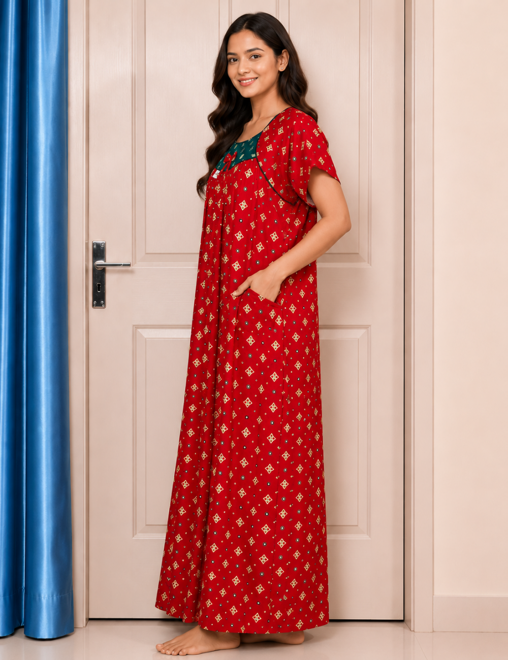 L - Size |Premium Pure Cotton | Boat Neck Nighty | with Pocket