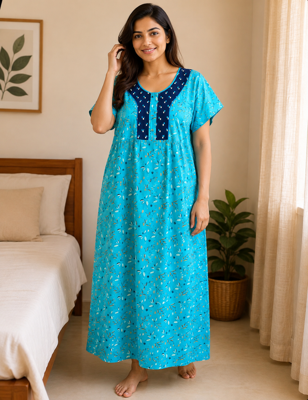 2XL Premium - Elegant Front Zip Cotton Nighty | premium pure cotton | Soft & Comfortable Daily Wear