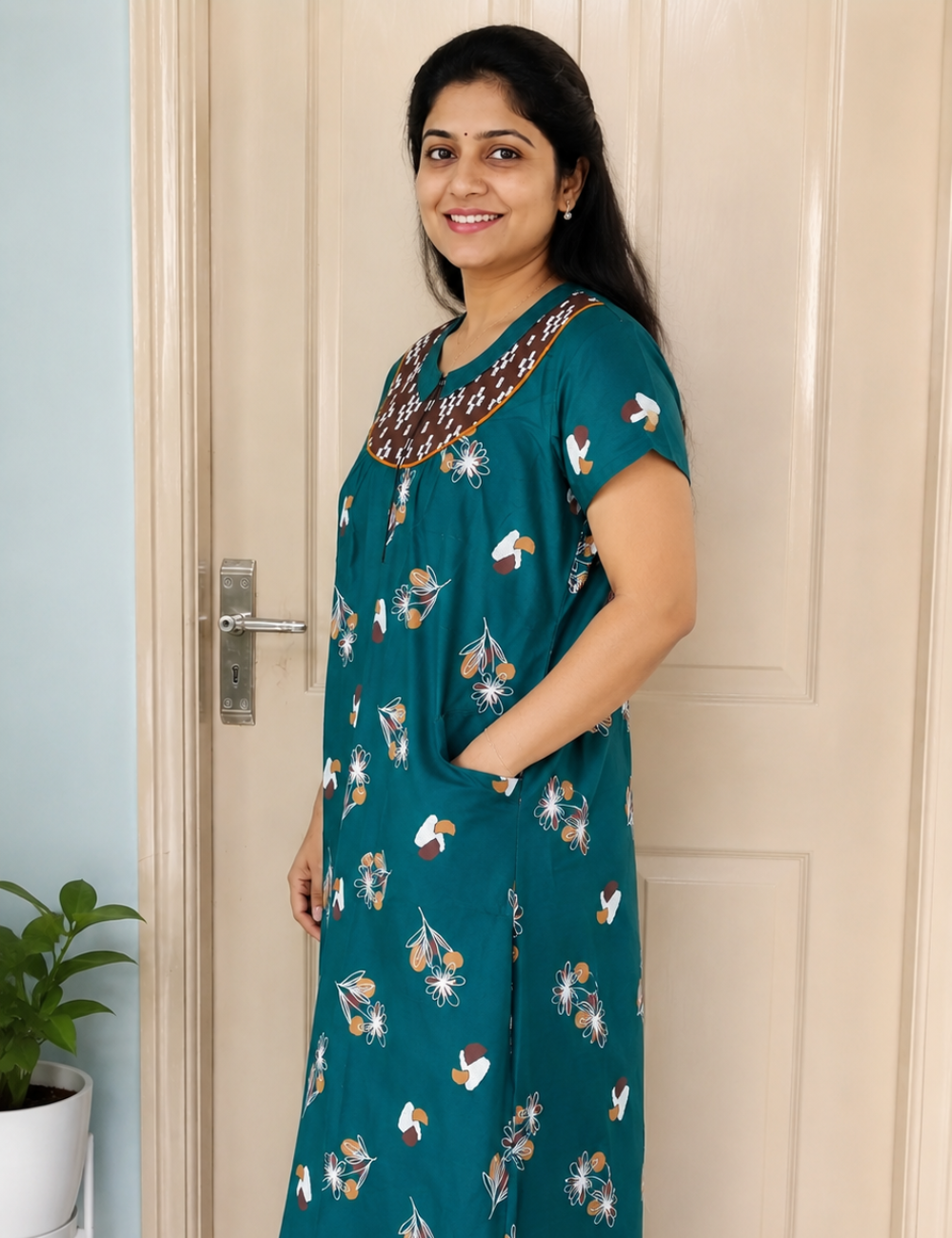 2XL Women's Premium Designer |Pure cotton |Yoke Model Collar| Zip Pattern Nighty | Soft Comfortable Daily Wear Nightdress