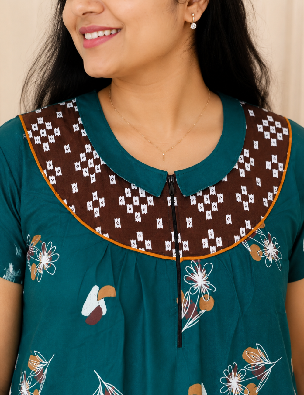 2XL Women's Premium Designer |Pure cotton |Yoke Model Collar| Zip Pattern Nighty | Soft Comfortable Daily Wear Nightdress