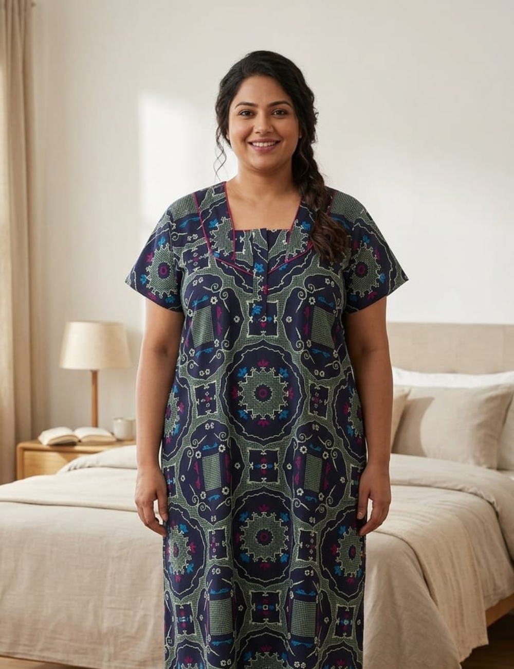 3xl Zip Pattern – Extra Comfort Plus Size Nightwear|Pure Cotton |
