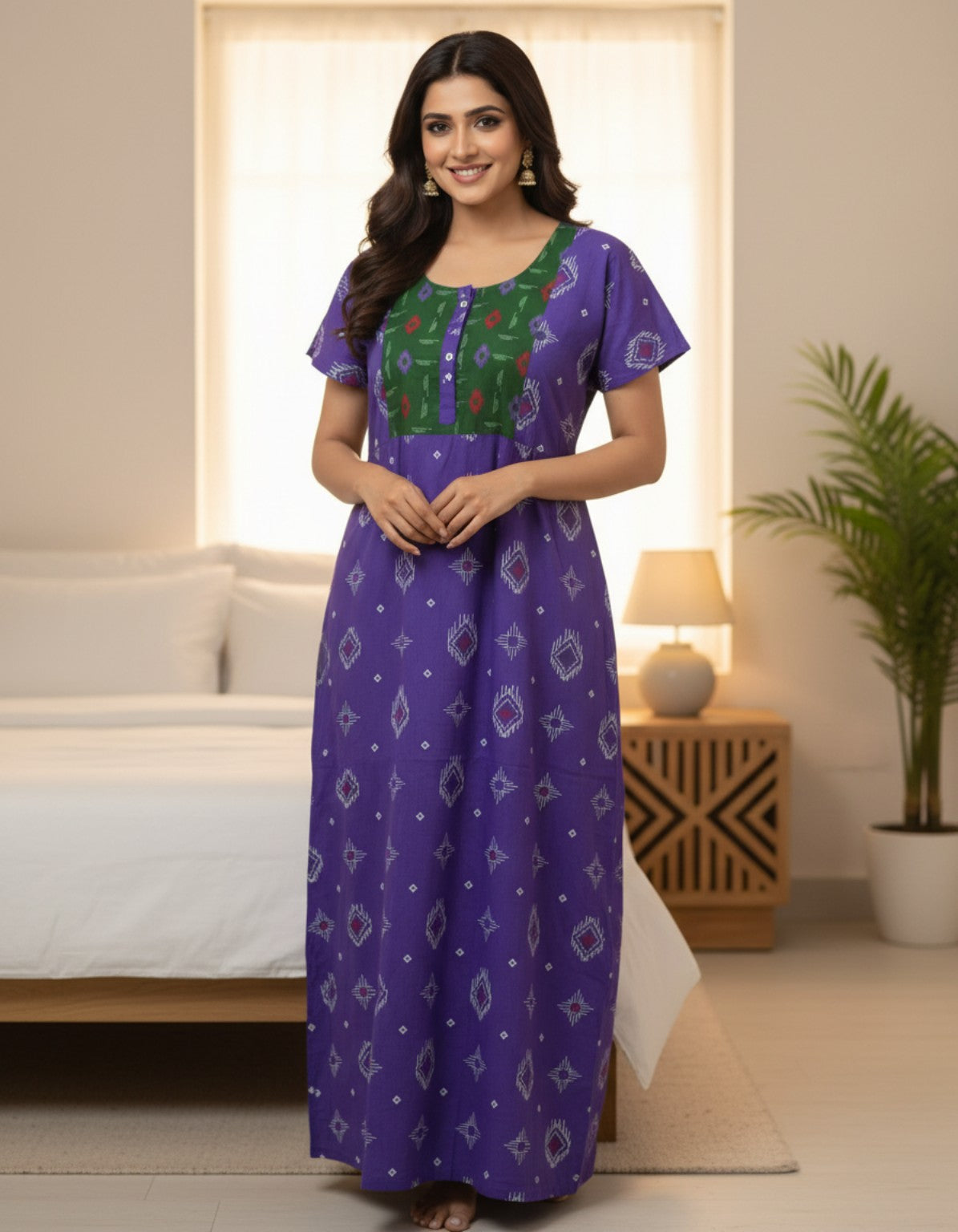XL Premium - Elegant Designer| With Zip|Pure Cotton Nighty