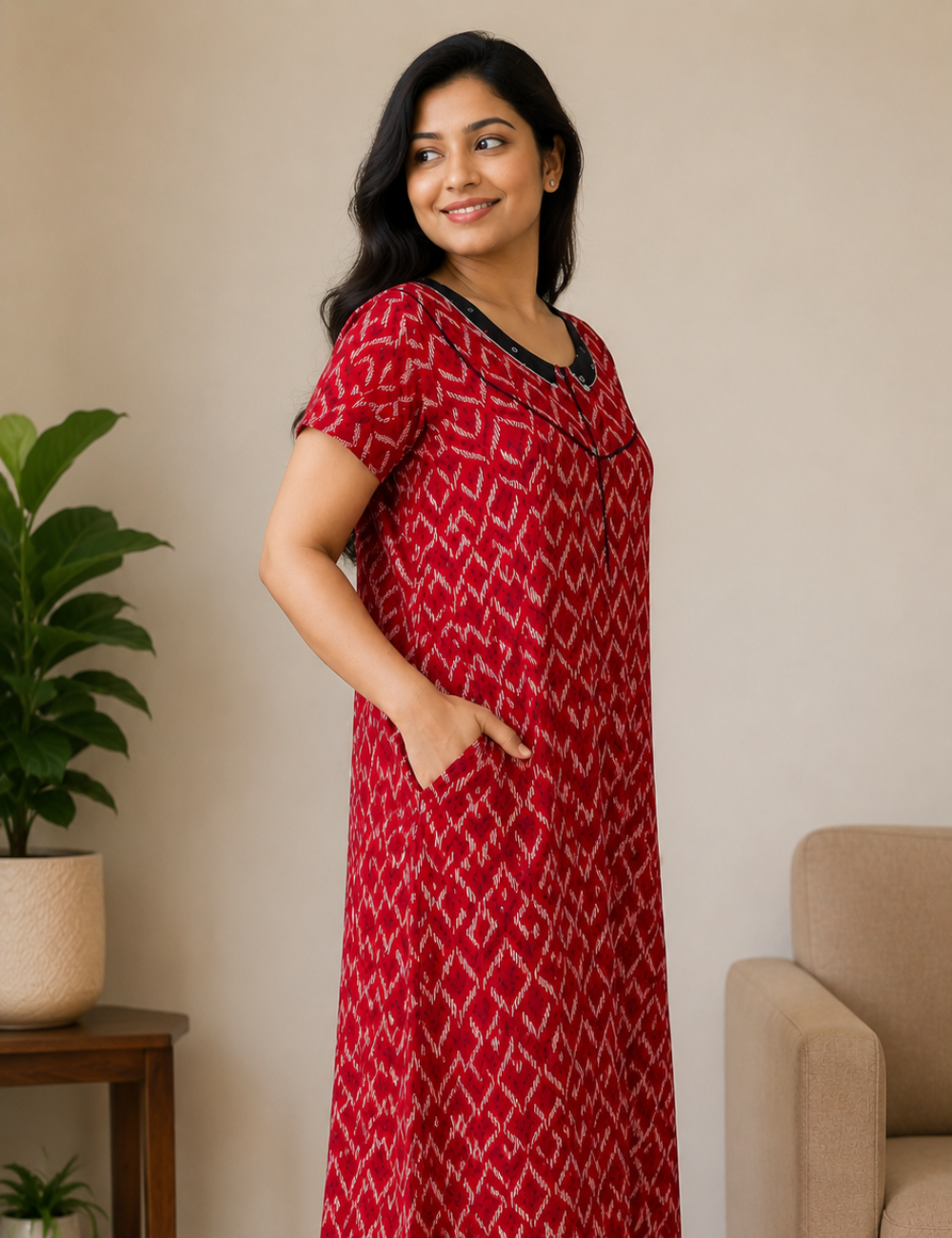 2XL Women's Premium Designer |Pure cotton |Yoke Model Collar| Zip Pattern Nighty | Soft Comfortable Daily Wear Nightdress