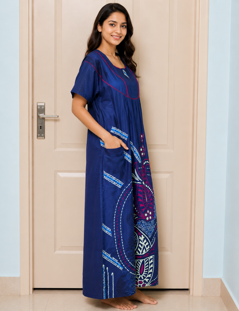 2XL Premium - Elegant Front Zip Cotton Nighty | premium pure cotton | Soft & Comfortable Daily Wear
