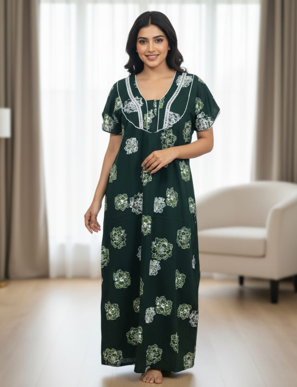 XL Premium - Elegant Front Zip Cotton Nighty | Soft & Comfortable Daily Wear