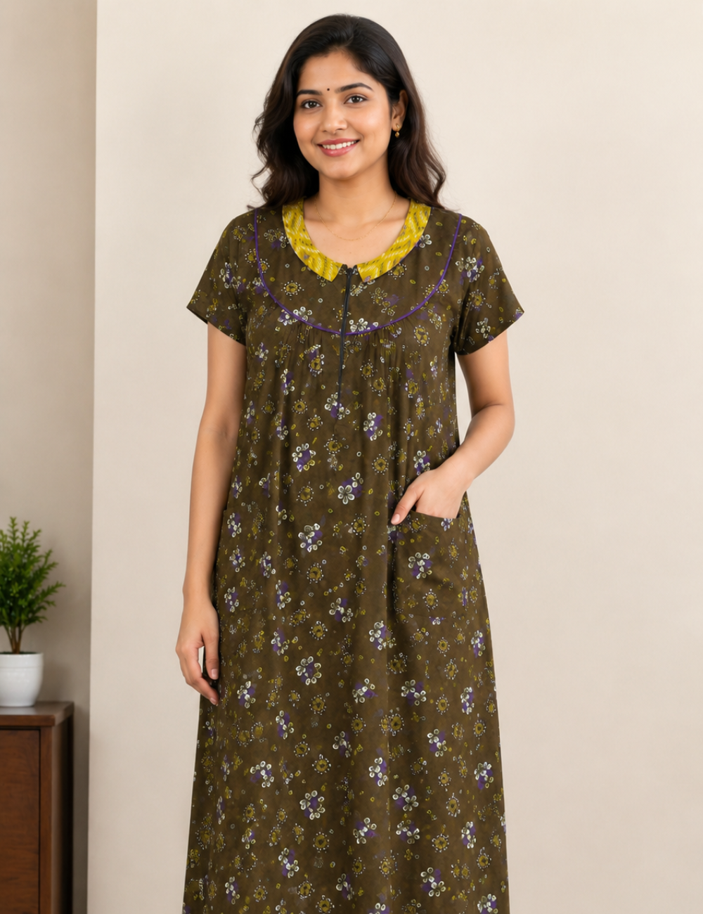 XL Women's Premium Designer | Yoke Model Collar| Zip Pattern Nighty | Soft Comfortable Daily Wear Nightdress A4Z10