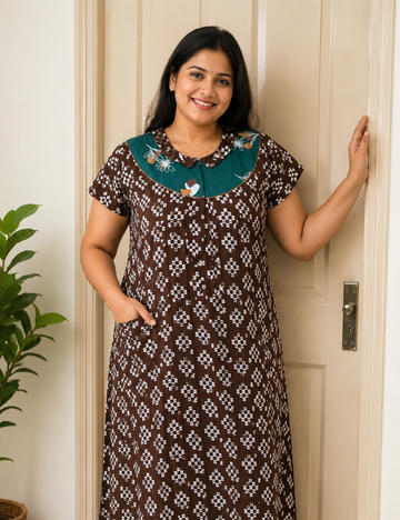 2XL Women's Premium Designer |Pure cotton |Yoke Model Collar| Zip Pattern Nighty | Soft Comfortable Daily Wear Nightdress