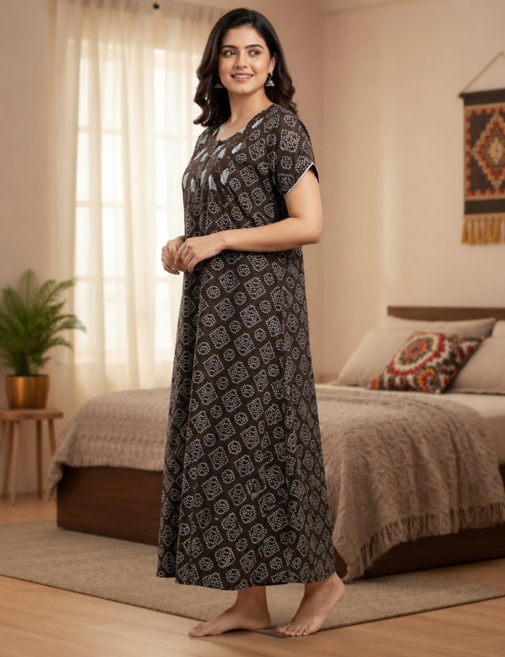 XL Premium - Elegant Designer| With Zip|Pure Cotton Nighty