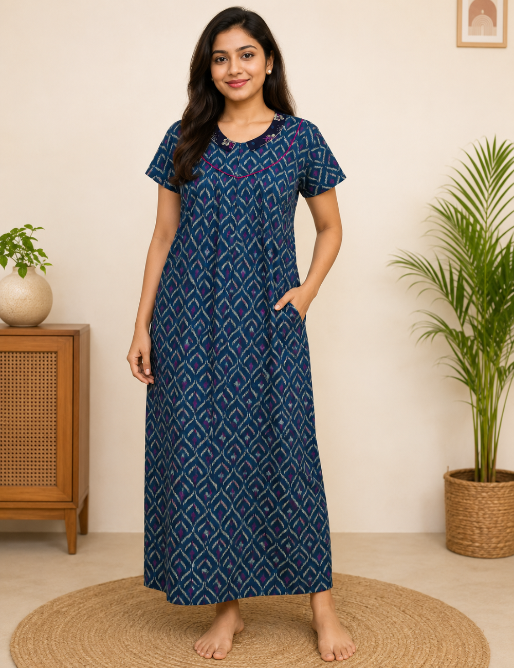 XL Women's Premium Designer | Yoke Model Collar| Zip Pattern Nighty | Soft Comfortable Daily Wear Nightdress