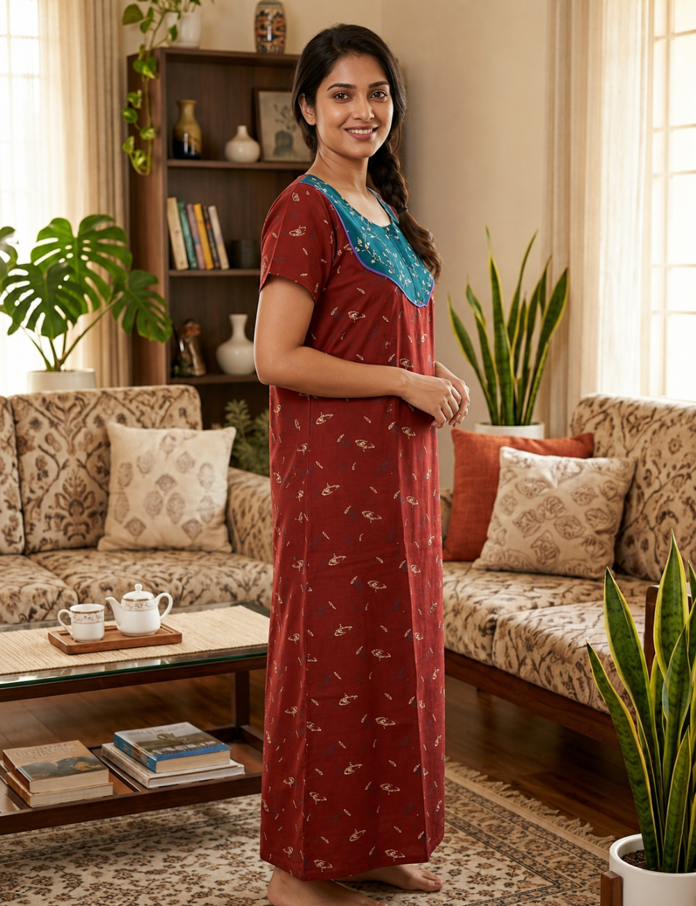 XL Premium - Elegant Designer| With Zip|Pure Cotton Nighty