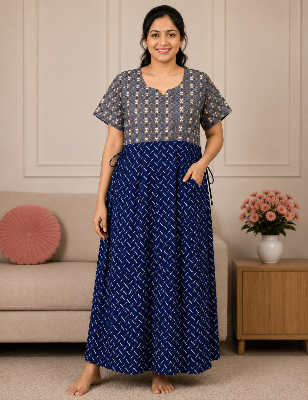 2XL Women's Premium Frock |With Rope|Pure cotton |Without Zip Pattern Nighty | Soft Comfortable Daily Wear Nightdress