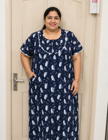 FreeSize - 50"/3xl|Premium | Elegant Front Zip Cotton Nighty |  pure cotton | Soft & Comfortable Daily Wear
