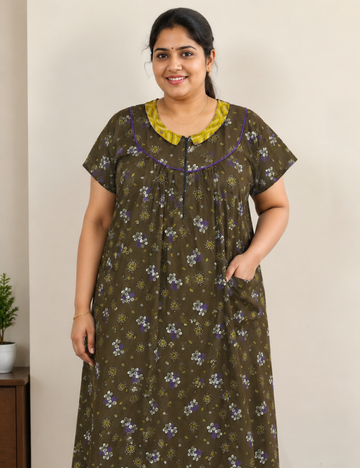 XL Women's Premium Designer | Yoke Model Collar| Zip Pattern Nighty | Soft Comfortable Daily Wear Nightdress