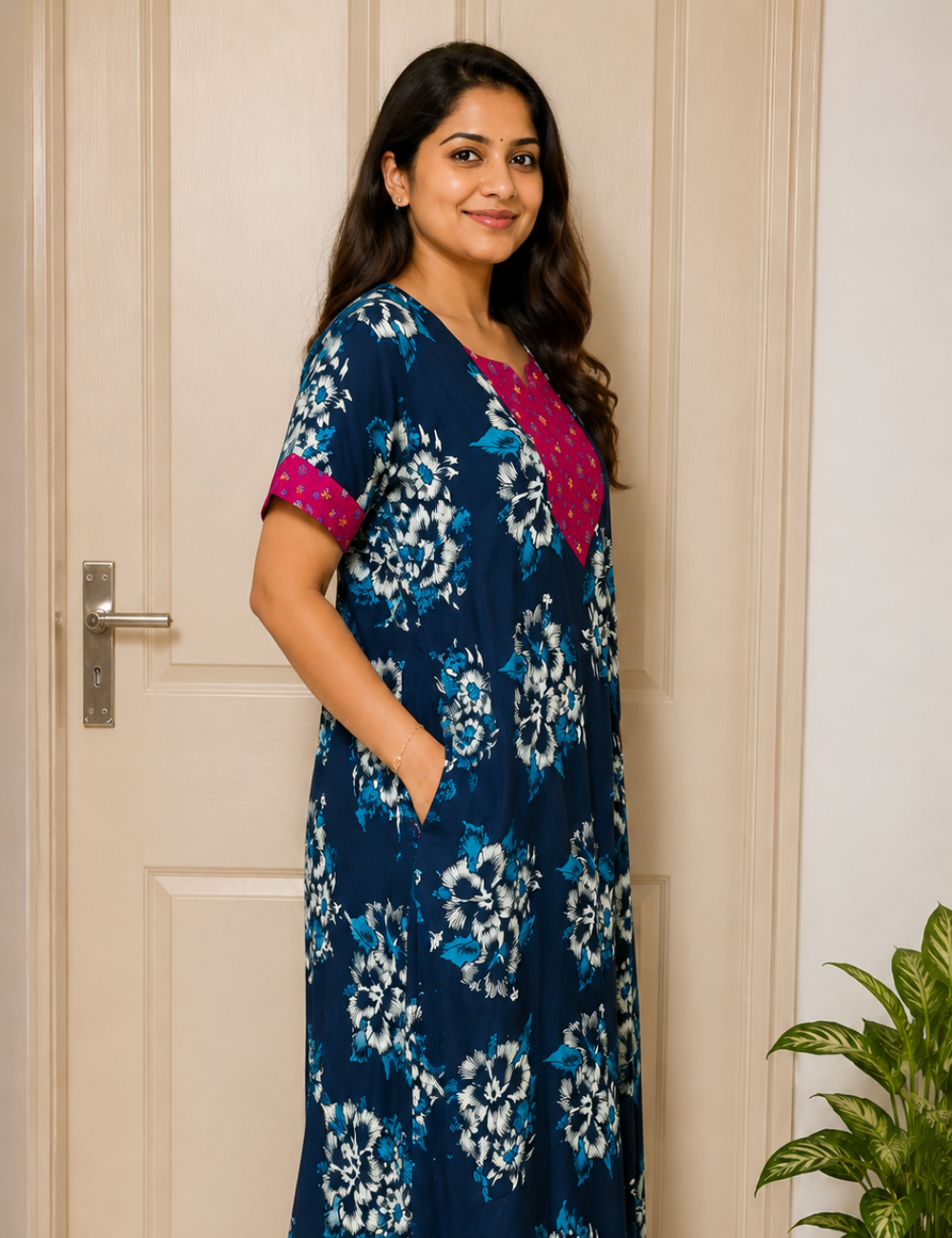 2XL Women's Premium Designer |Pure cotton |Yoke Model Collar| Zip Pattern Nighty | Soft Comfortable Daily Wear Nightdress
