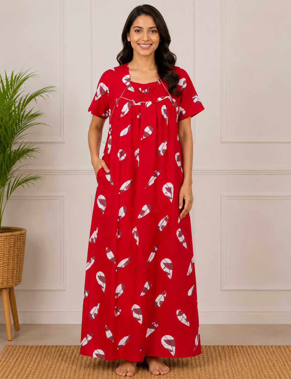 2XL - Size |Premium Pure Cotton | Boat Neck Nighty | with Pocket