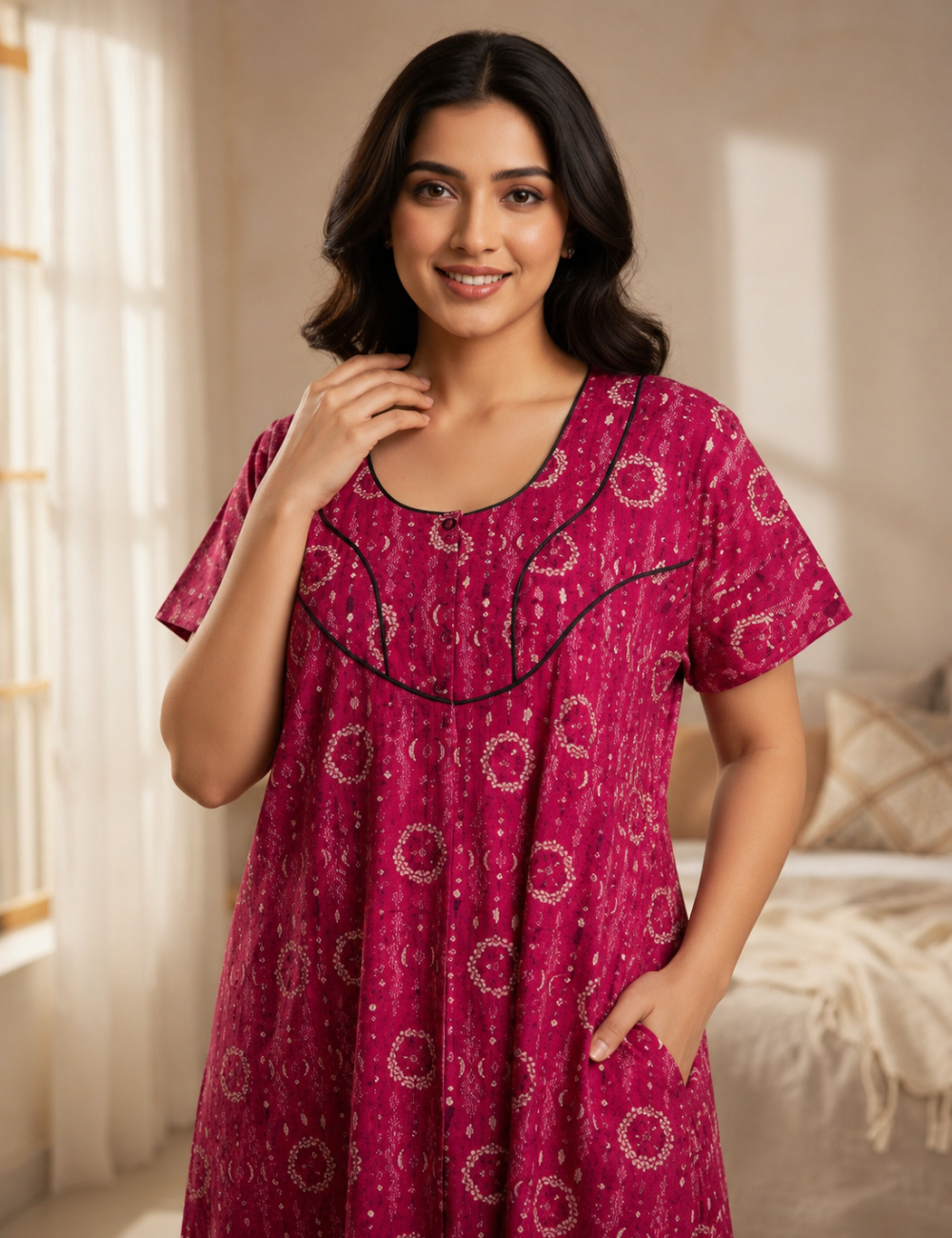XL Premium - Elegant Front Zip Cotton Nighty | Soft & Comfortable Daily Wear