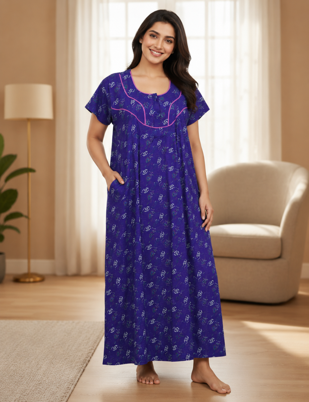 XL Premium - Elegant Front Zip Cotton Nighty | Soft & Comfortable Daily Wear