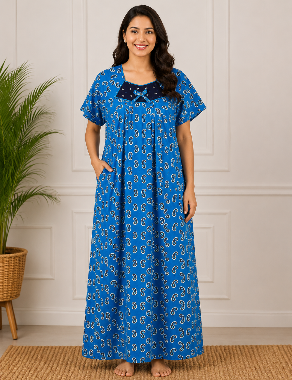 L - Size |Premium Pure Cotton | Boat Neck Nighty | with Pocket