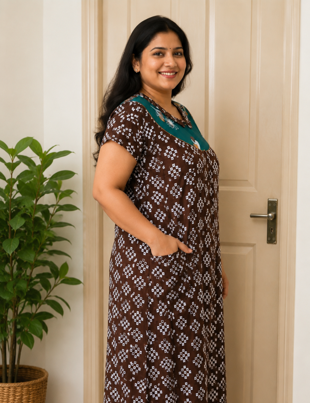 2XL Women's Premium Designer |Pure cotton |Yoke Model Collar| Zip Pattern Nighty | Soft Comfortable Daily Wear Nightdress