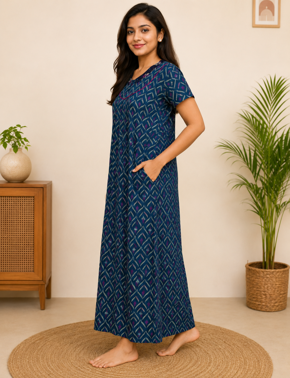 XL Women's Premium Designer | Yoke Model Collar| Zip Pattern Nighty | Soft Comfortable Daily Wear Nightdress