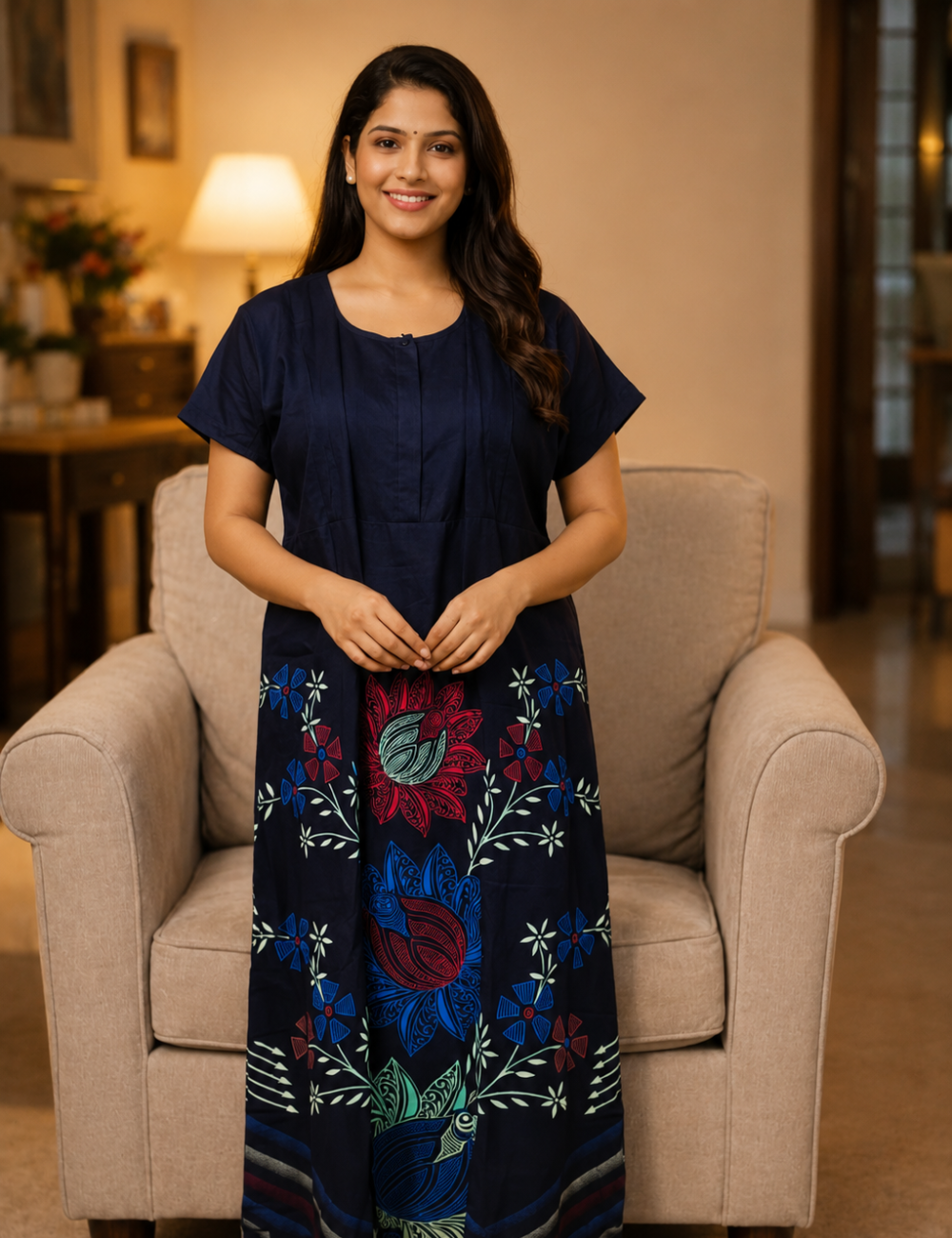 XL Feeding Nighty for Women – Premium Pure Cotton Maternity & Nursing Nighty|one centre zip and side zip