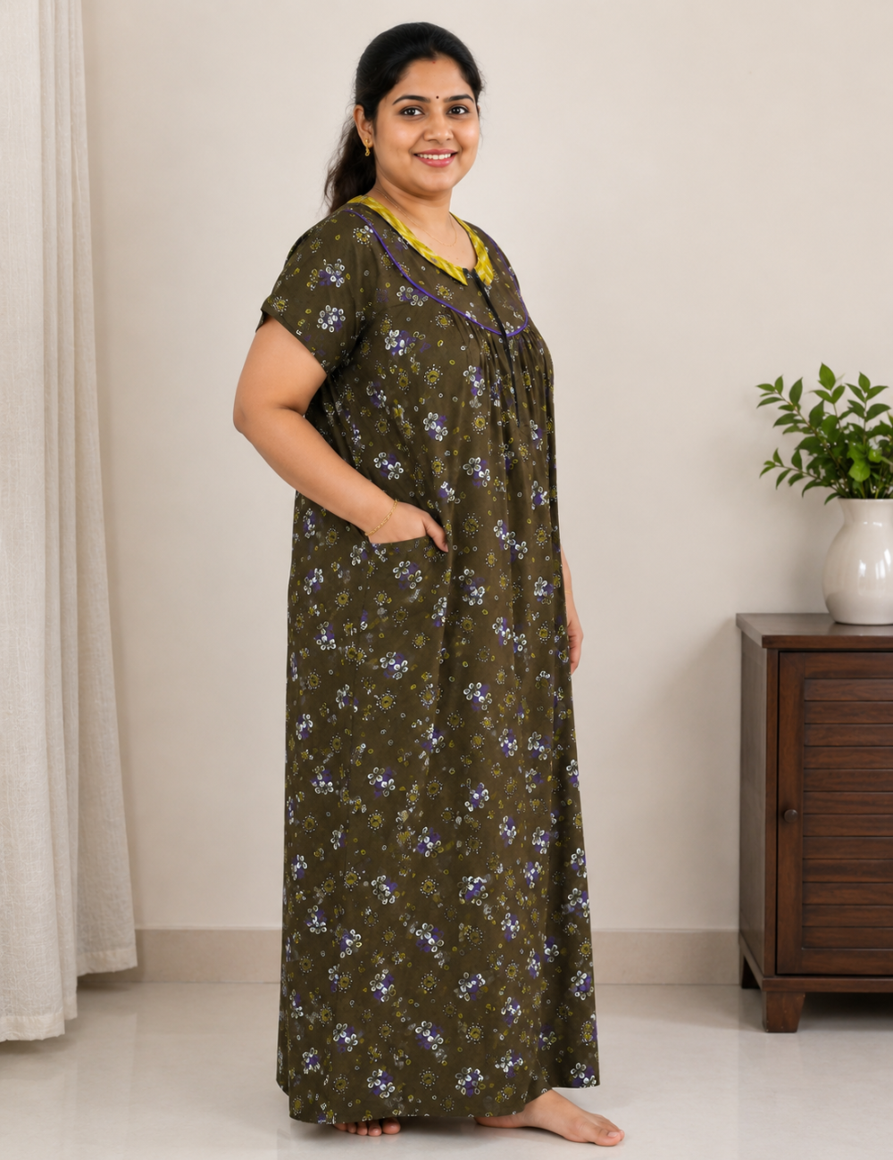 XL Women's Premium Designer | Yoke Model Collar| Zip Pattern Nighty | Soft Comfortable Daily Wear Nightdress