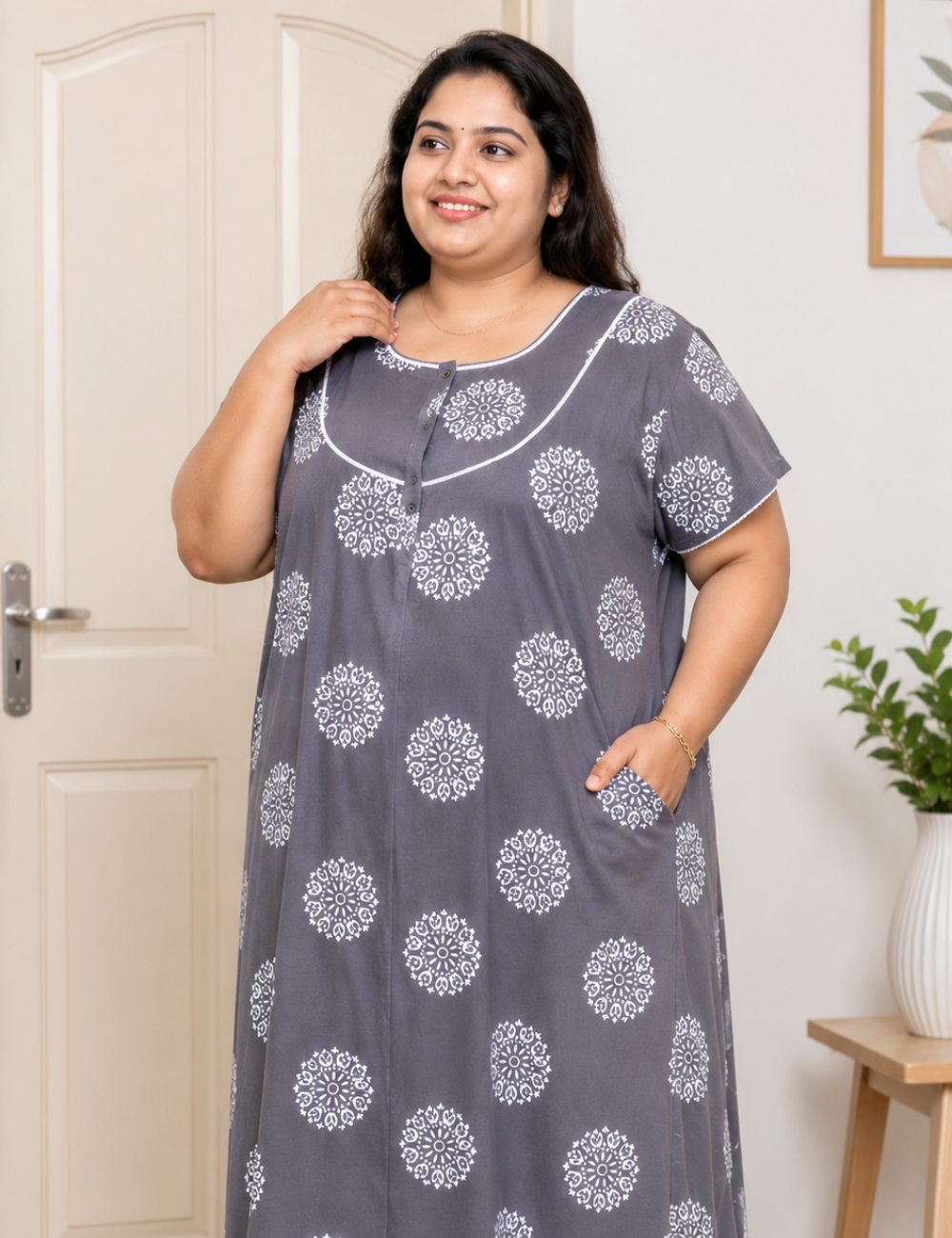 FreeSize - 50"/3xl|Premium | Elegant Front Zip Cotton Nighty |  pure cotton | Soft & Comfortable Daily Wear
