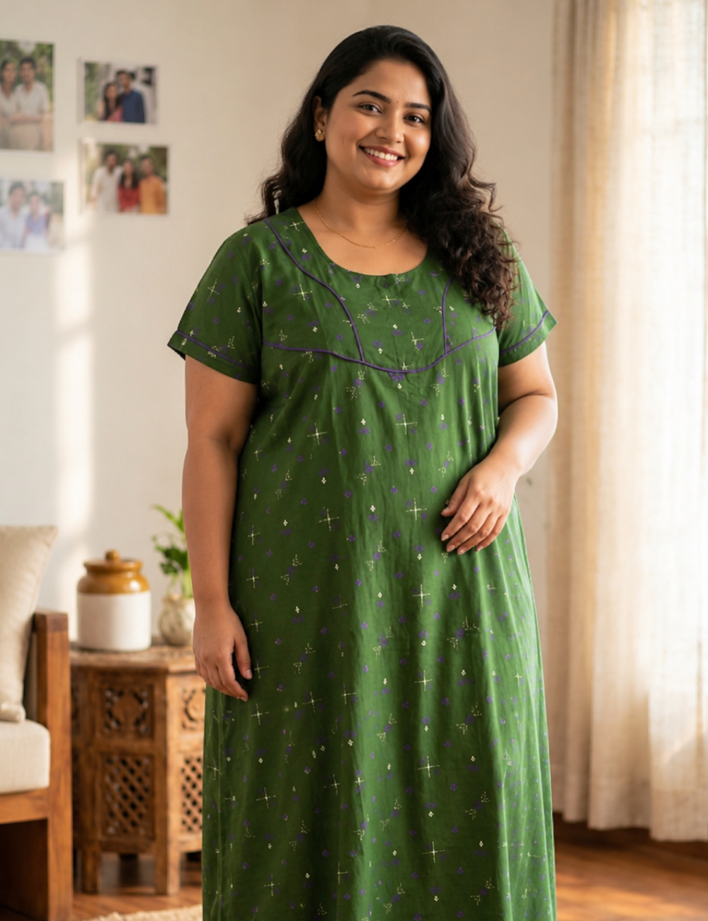 FreeSize - 50"/3xl|Premium | Elegant Front Zip Cotton Nighty |  pure cotton | Soft & Comfortable Daily Wear