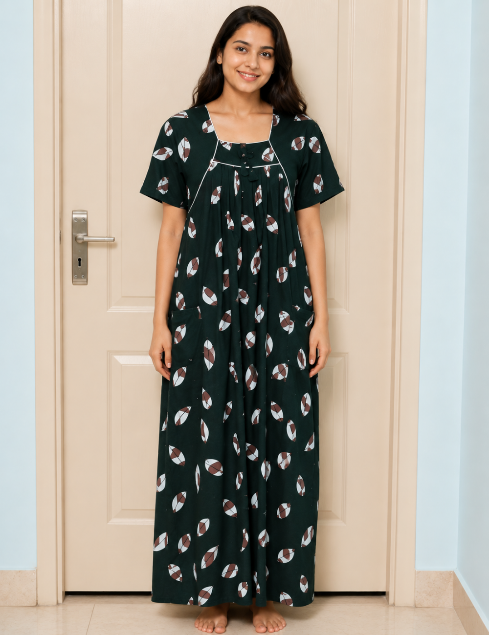 2XL - Size |Premium Pure Cotton | Boat Neck Nighty | with Pocket