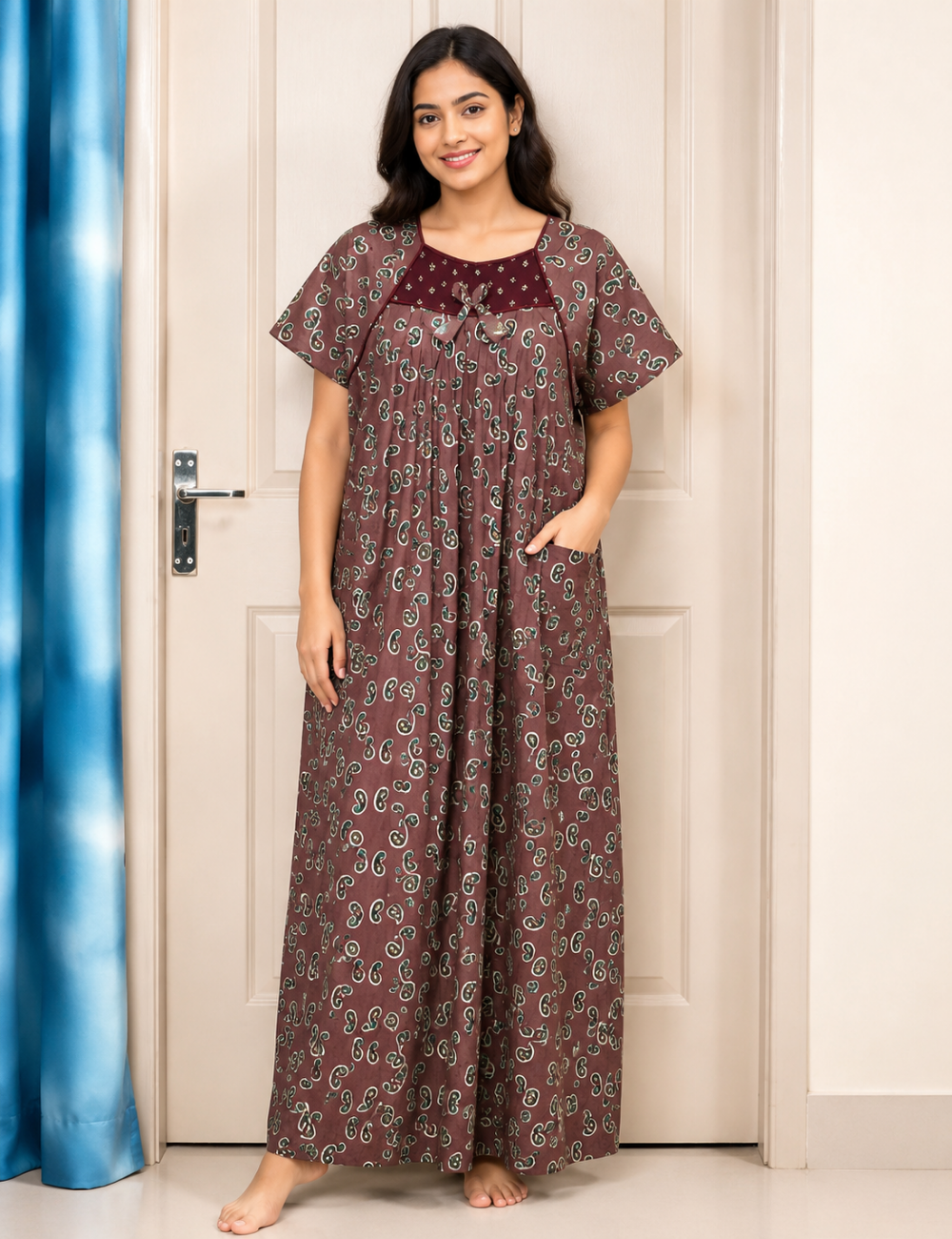 L - Size |Premium Pure Cotton | Boat Neck Nighty | with Pocket