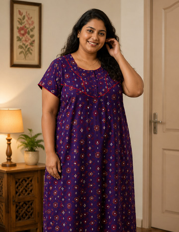 FreeSize - 50"/3xl|Premium | Elegant Front Zip Cotton Nighty |  pure cotton | Soft & Comfortable Daily Wear