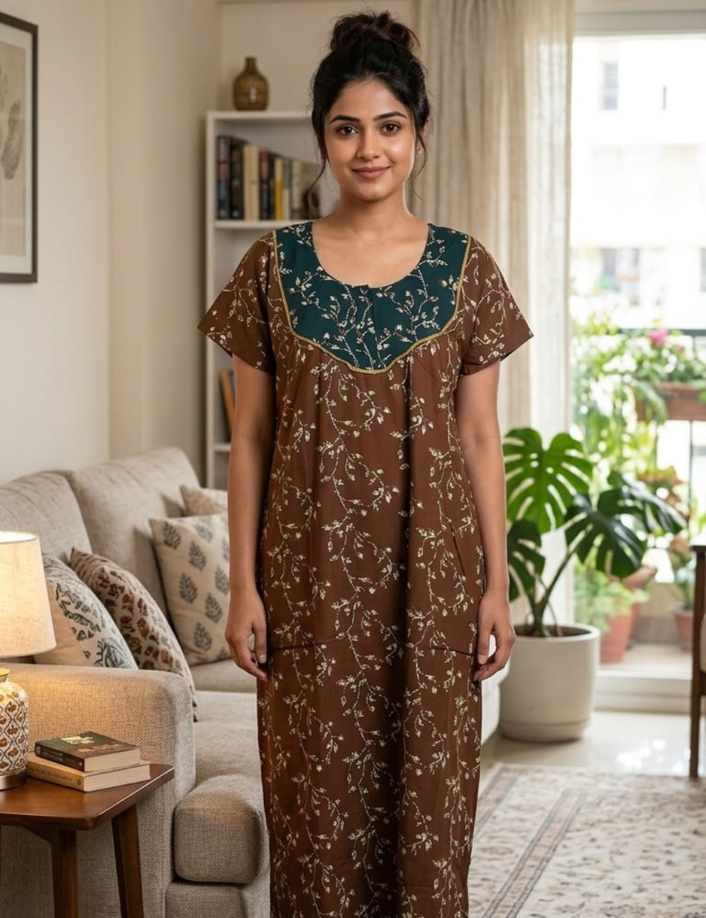 XL Premium - Elegant Designer| With Zip|Pure Cotton Nighty
