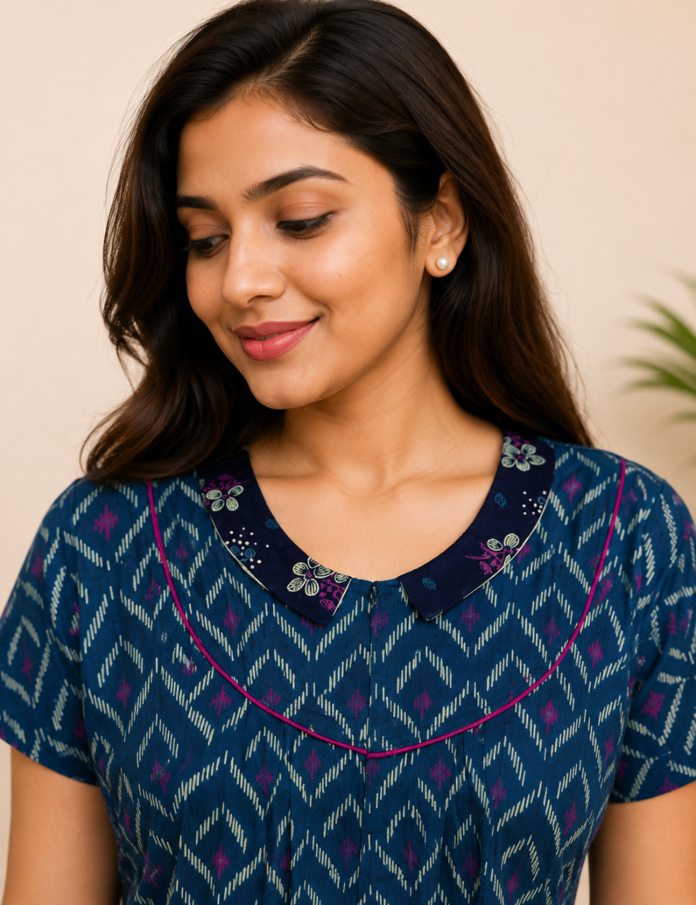 XL Women's Premium Designer | Yoke Model Collar| Zip Pattern Nighty | Soft Comfortable Daily Wear Nightdress