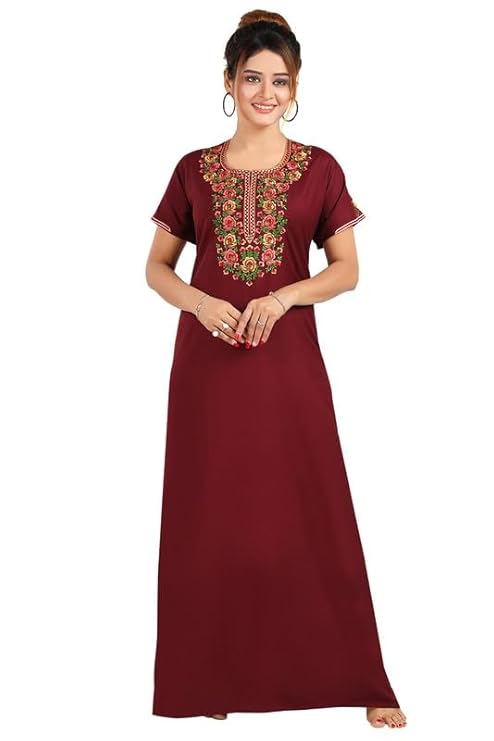 Premium Spun Designer Embroidered Nighty for Women |Aline, Full Lenghth Maxi/Nighty Nightgown |Everyday Regular Wear | Pocket on The Two Side