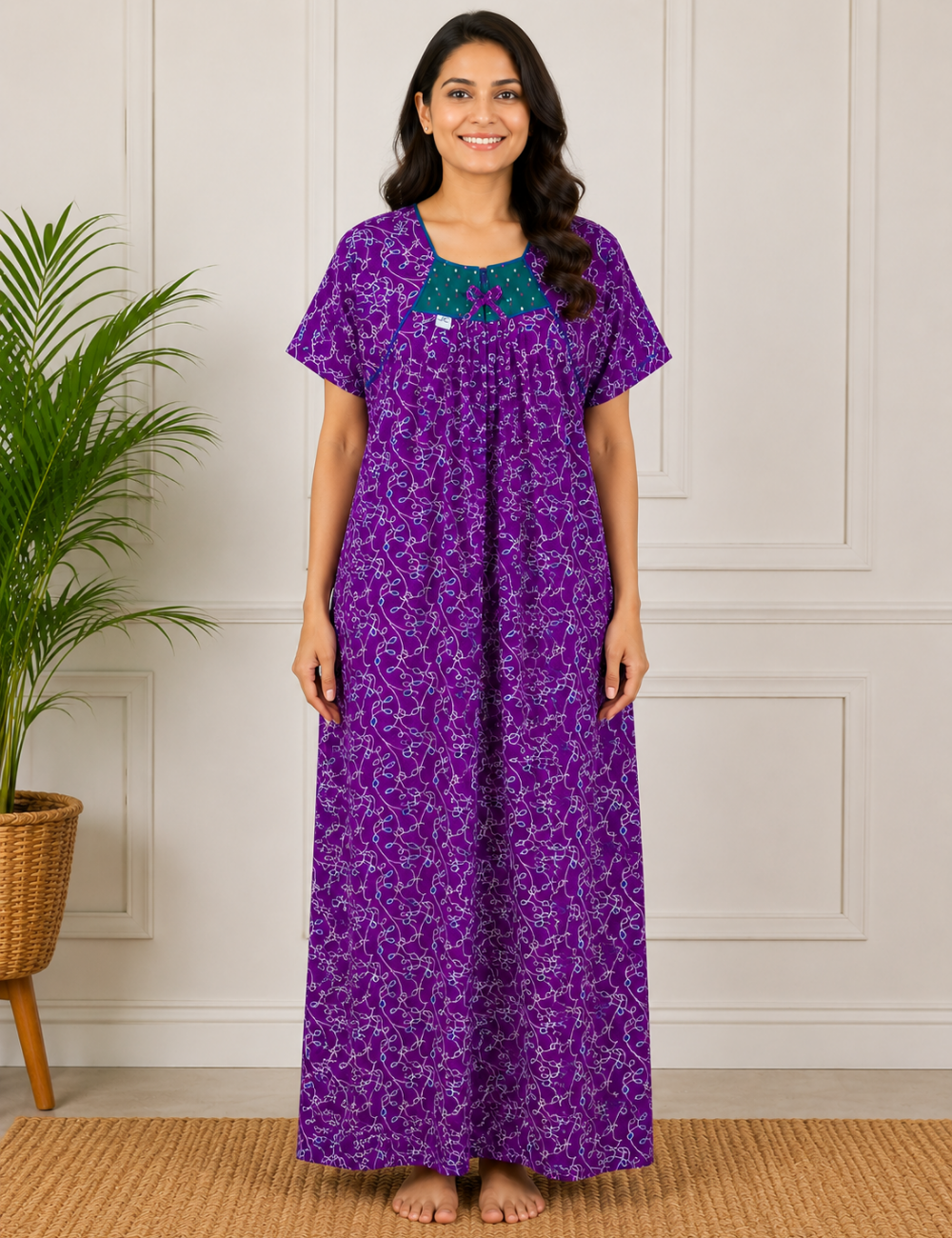 2XL - Size |Premium Pure Cotton | Boat Neck Nighty | with Pocket