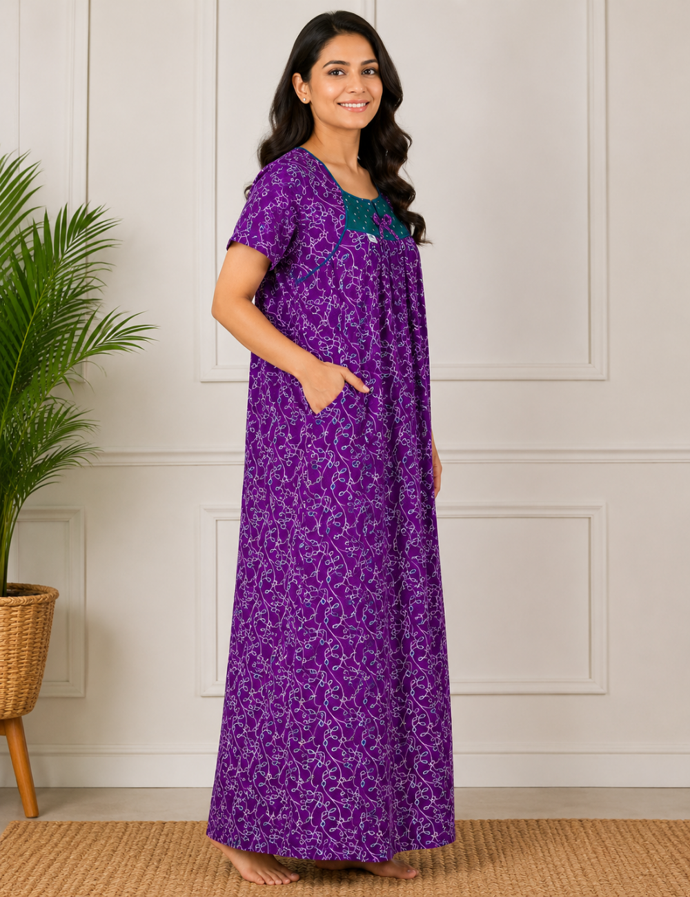 2XL - Size |Premium Pure Cotton | Boat Neck Nighty | with Pocket
