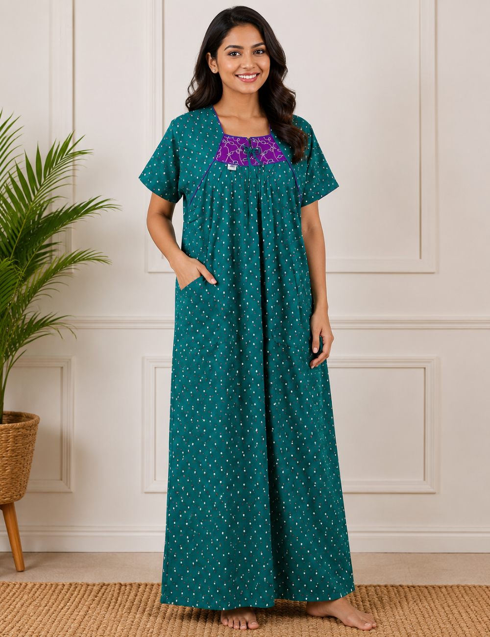 L - Size |Premium Pure Cotton | Boat Neck Nighty | with Pocket