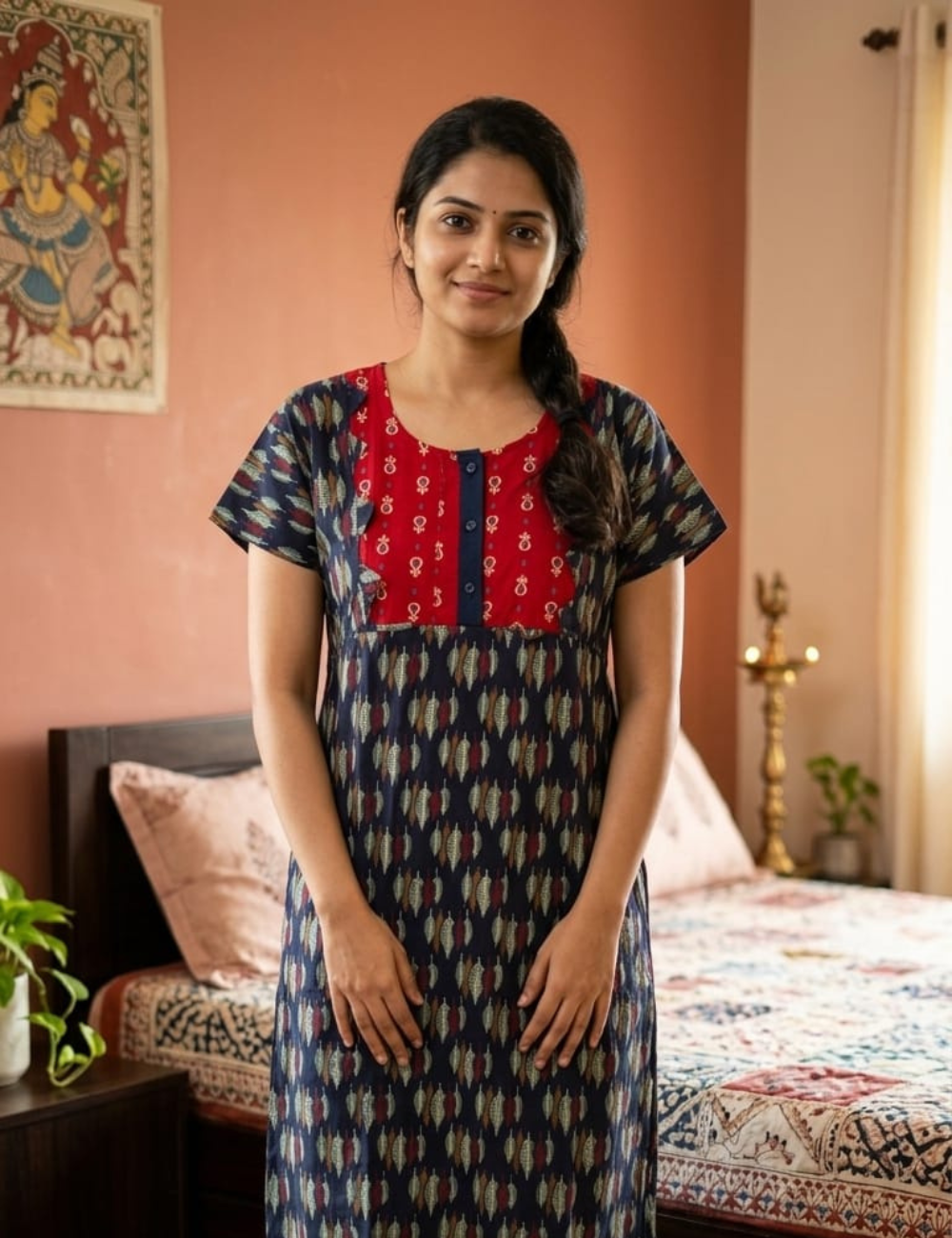 2XL Premium - Elegant Front Zip Cotton Nighty | premium pure cotton | Soft & Comfortable Daily Wear