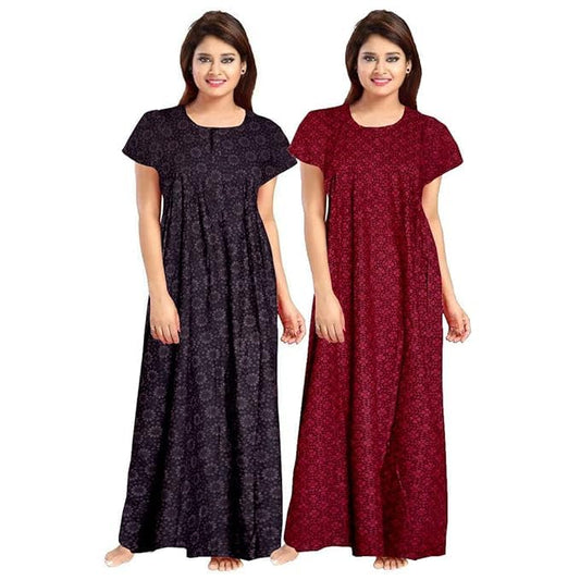 Women's Cotton Printed Gown Ankle Length Nighty Free Size (Pack of 2)
