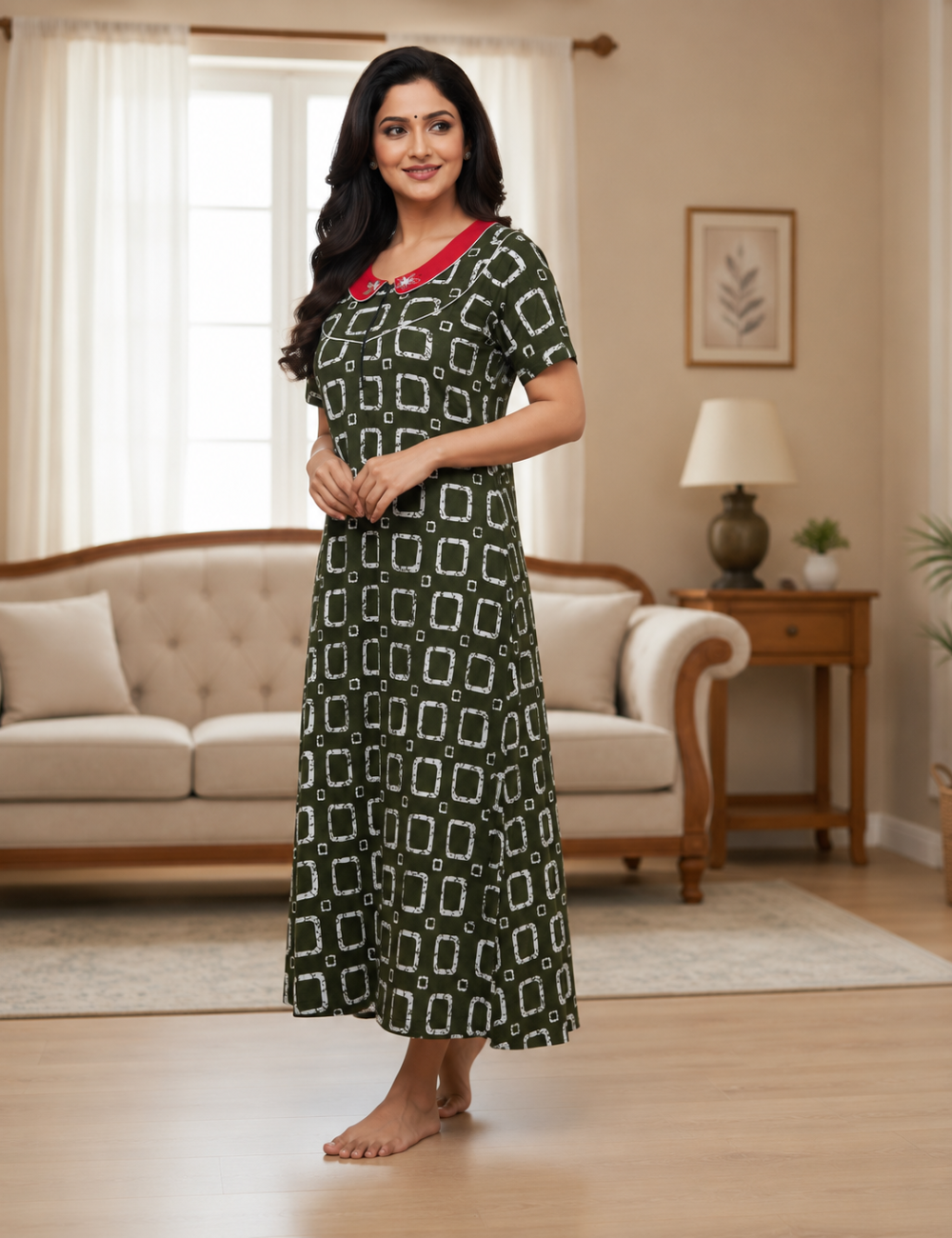 XL Women's Premium Designer Yoke Model Collar| Zip Pattern Nighty | Soft Comfortable Daily Wear Nightdress