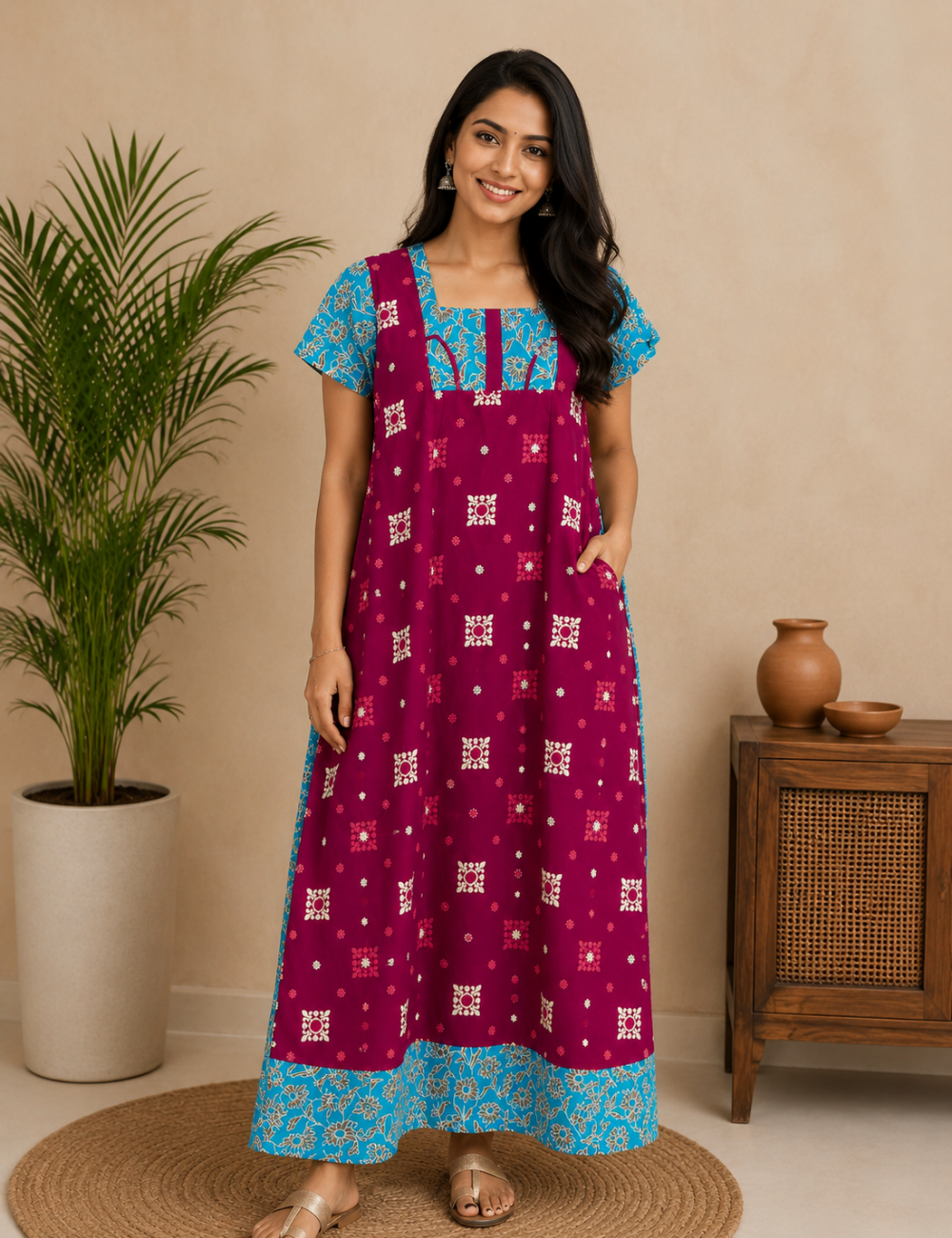 2XL Premium Frock Nighty with Adjustable Side Rope | Soft & Comfortable Daily Wear |Without Zip Pattern