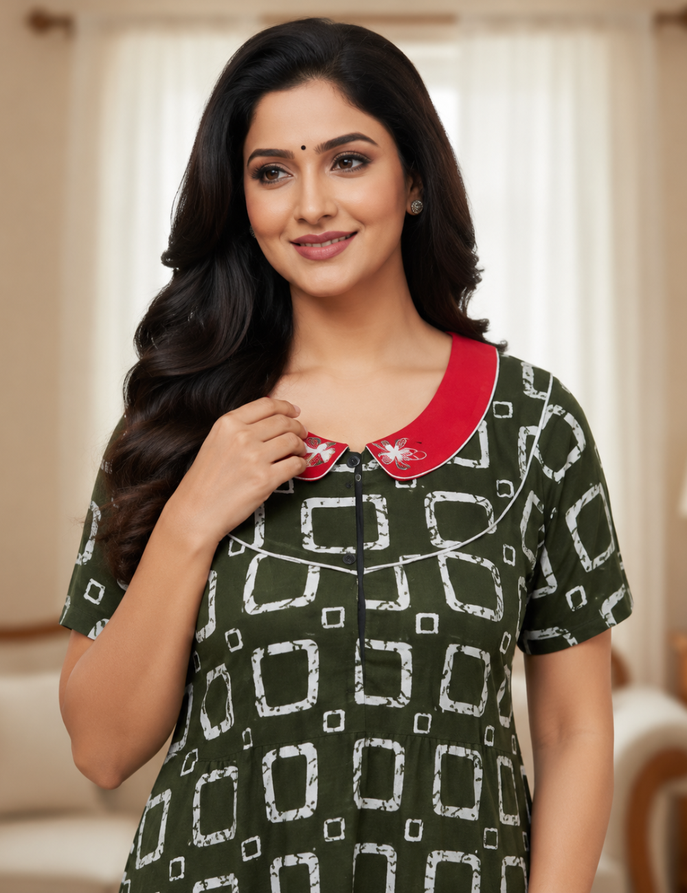 XL Women's Premium Designer Yoke Model Collar| Zip Pattern Nighty | Soft Comfortable Daily Wear Nightdress