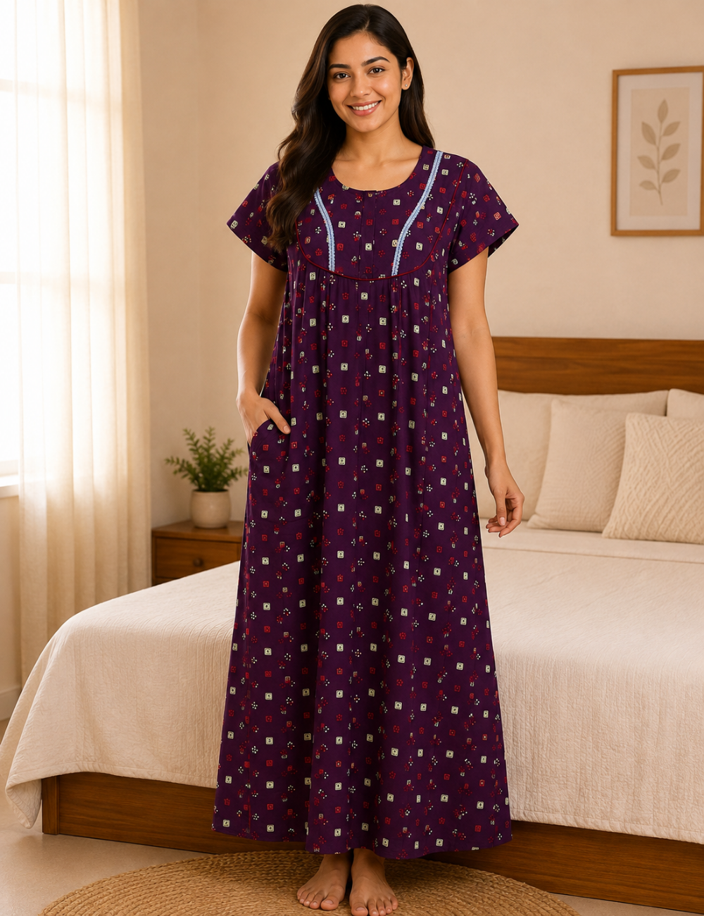 2XL Premium - Elegant Front Zip Cotton Nighty | premium pure cotton | Soft & Comfortable Daily Wear